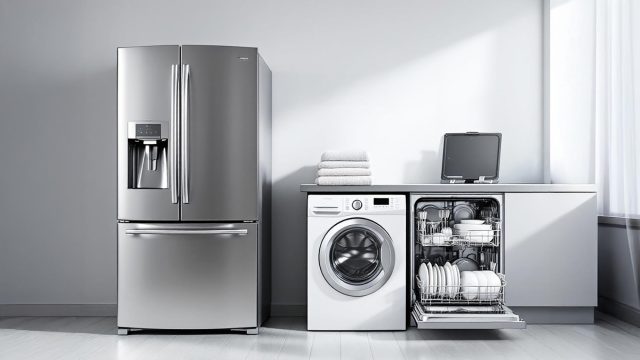 A refrigerator, washing machine, and dishwasher in a home setting, illustrating the importance of regular maintenance.