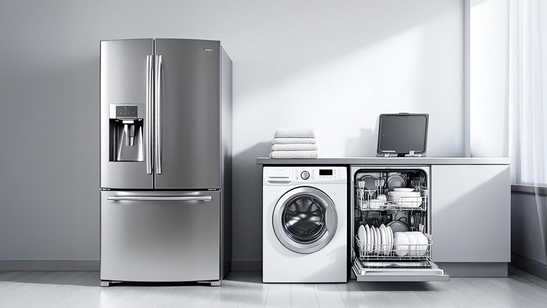 A refrigerator, washing machine, and dishwasher in a home setting, illustrating the importance of regular maintenance.