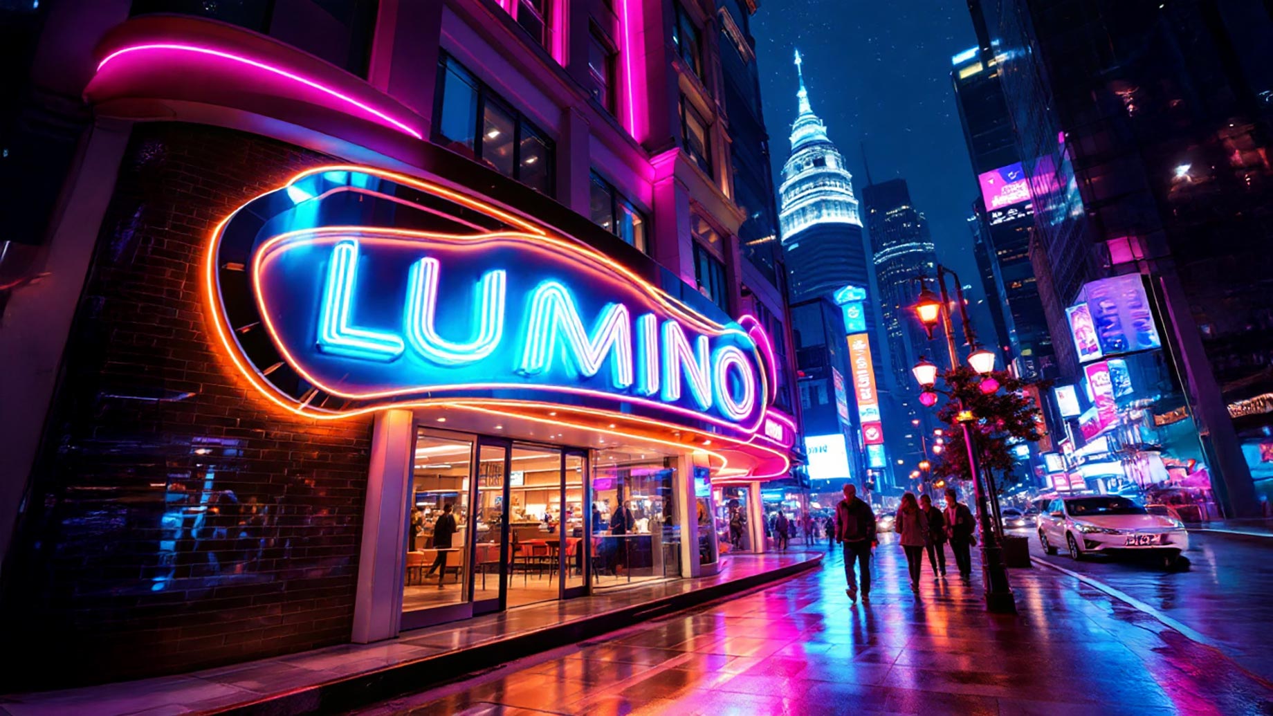 A vibrant neon sign reading 'Lumino' glowing in a luxurious urban setting, illustrating the iconic use of neon signs in pop culture.