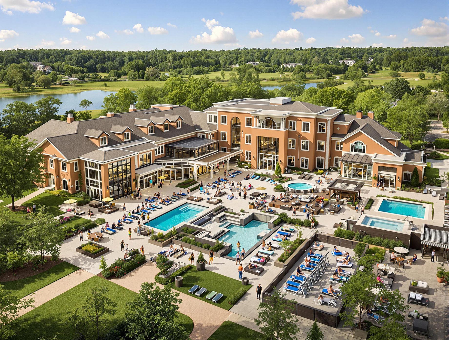 An aerial view of a luxurious assisted living facility featuring a gourmet dining area, modern fitness center, relaxing spa, and scenic outdoor areas for social activities and beautiful landscaping.