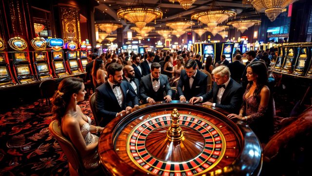 A bustling casino scene with elegantly dressed individuals gathered around a roulette table. The casino floor is filled with slot machines and gaming tables, adorned with luxurious chandeliers and warm lighting, creating an atmosphere of opulence and excitement.