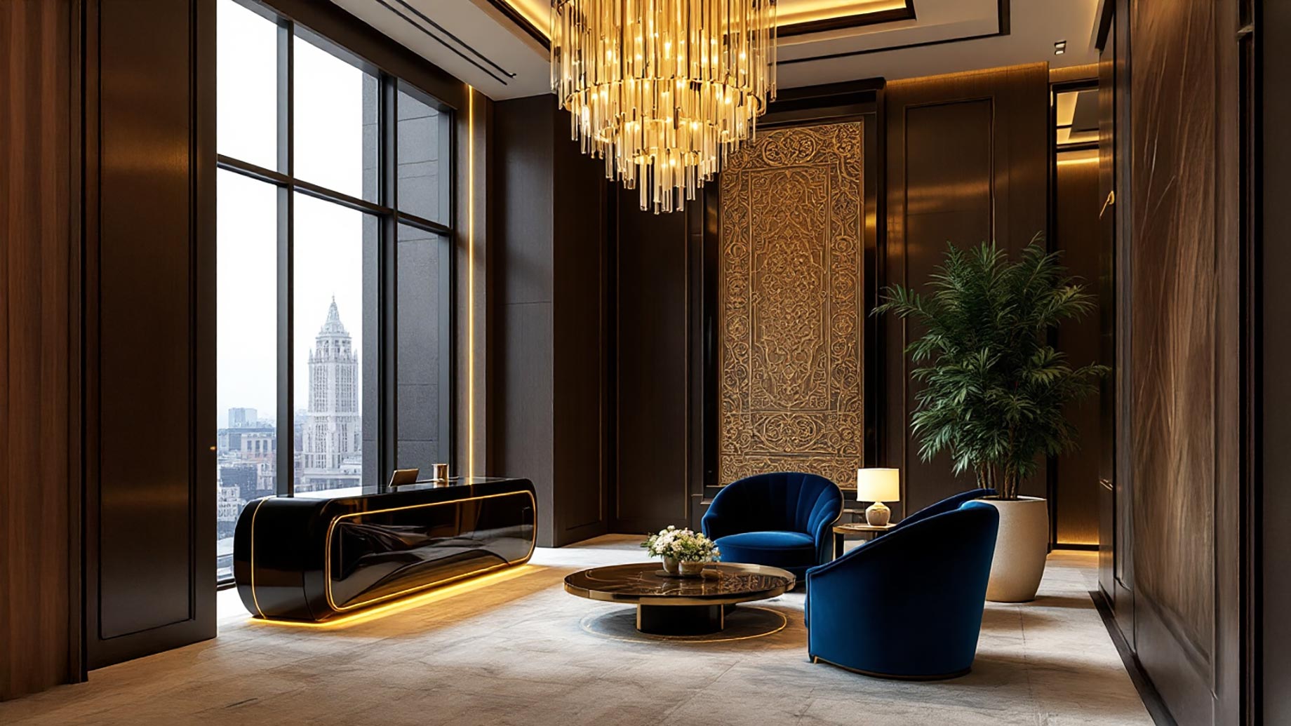 A luxurious hotel lobby featuring custom-made furniture designed by Melaaura. The space includes elegant seating arrangements with high-end sofas and chairs, a stylish reception desk, and tasteful decor elements. The furniture is crafted from premium materials, showcasing exquisite craftsmanship and attention to detail. The lobby exudes a sophisticated and inviting atmosphere, highlighting the bespoke nature of the furniture and its seamless integration into the architectural design of the space.