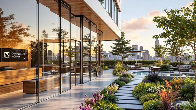 A luxury apartment building featuring a concierge desk, smart home technology, and beautifully maintained sustainable landscaping.
