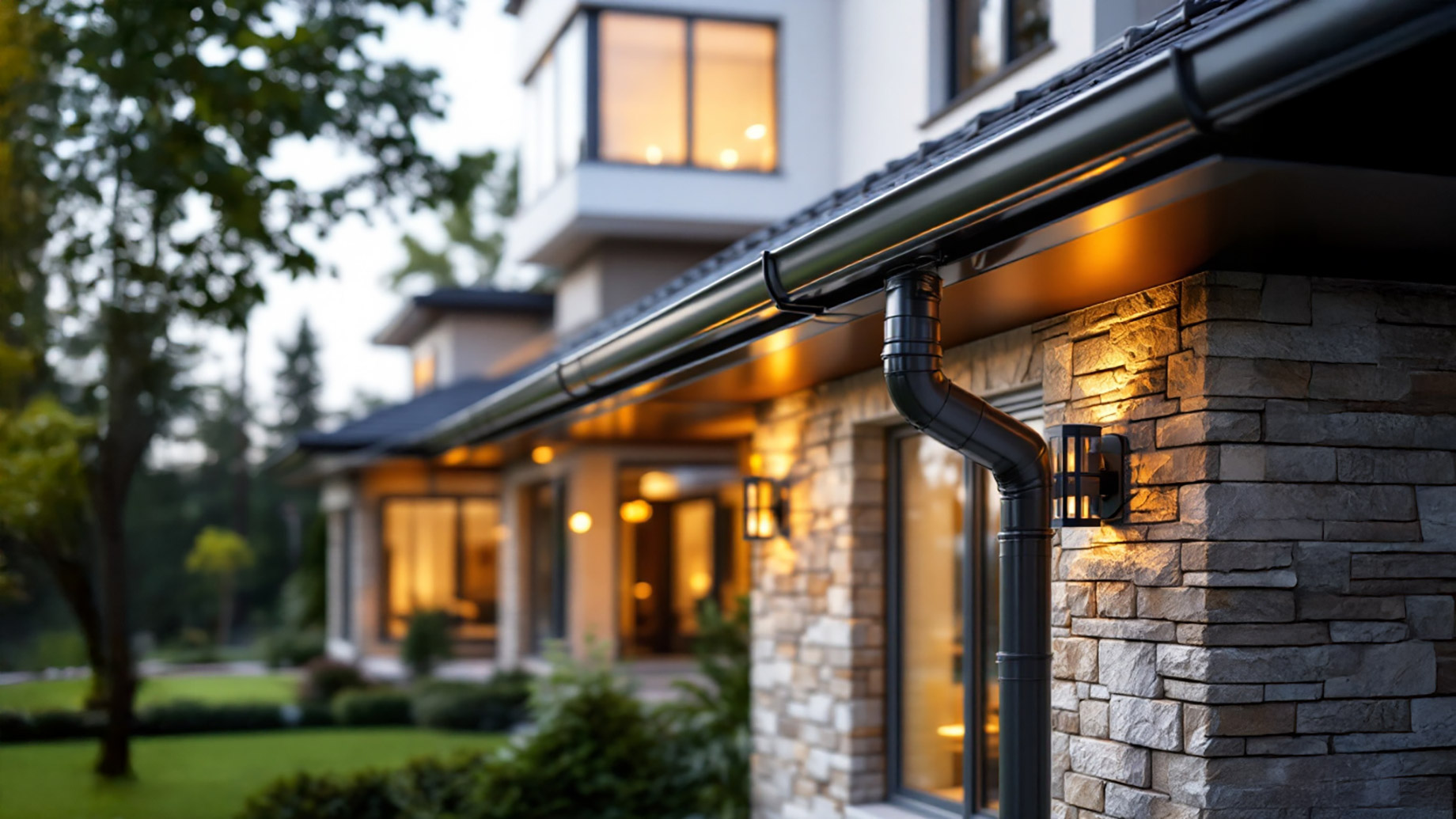 A beautifully maintained luxury home featuring advanced gutter solutions, including seamless gutters, downspouts, and gutter guards, showcasing protection against water damage and enhanced curb appeal.