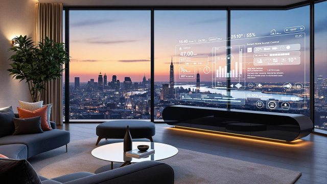 A luxurious smart home control center in a high-end residence, featuring holographic displays of system documentation, set in an elegant living space with modern furnishings and large windows overlooking a city skyline at sunset.