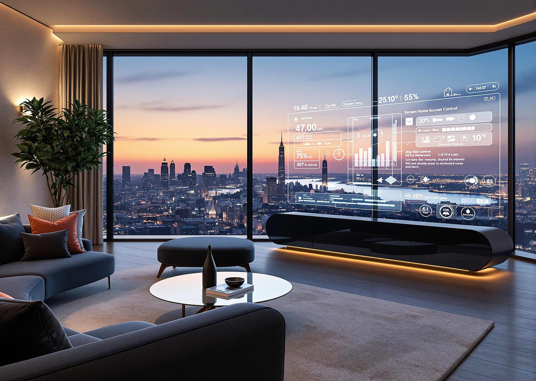 A luxurious smart home control center in a high-end residence, featuring holographic displays of system documentation, set in an elegant living space with modern furnishings and large windows overlooking a city skyline at sunset.
