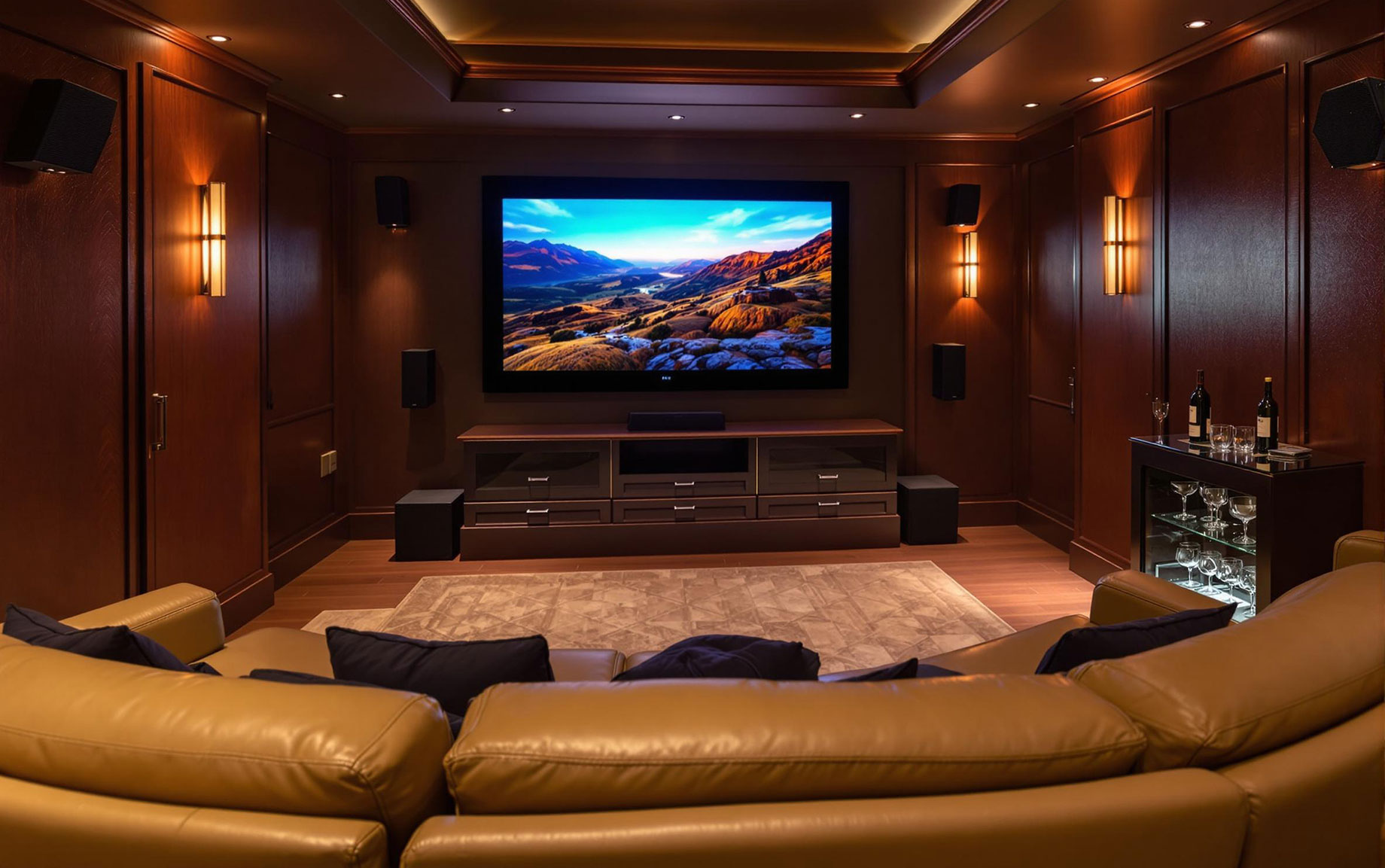 A luxurious modern home theatre featuring a large high-definition screen, surround sound system, plush seating, ambient lighting, and high-end finishes including wood paneling and leather seats.