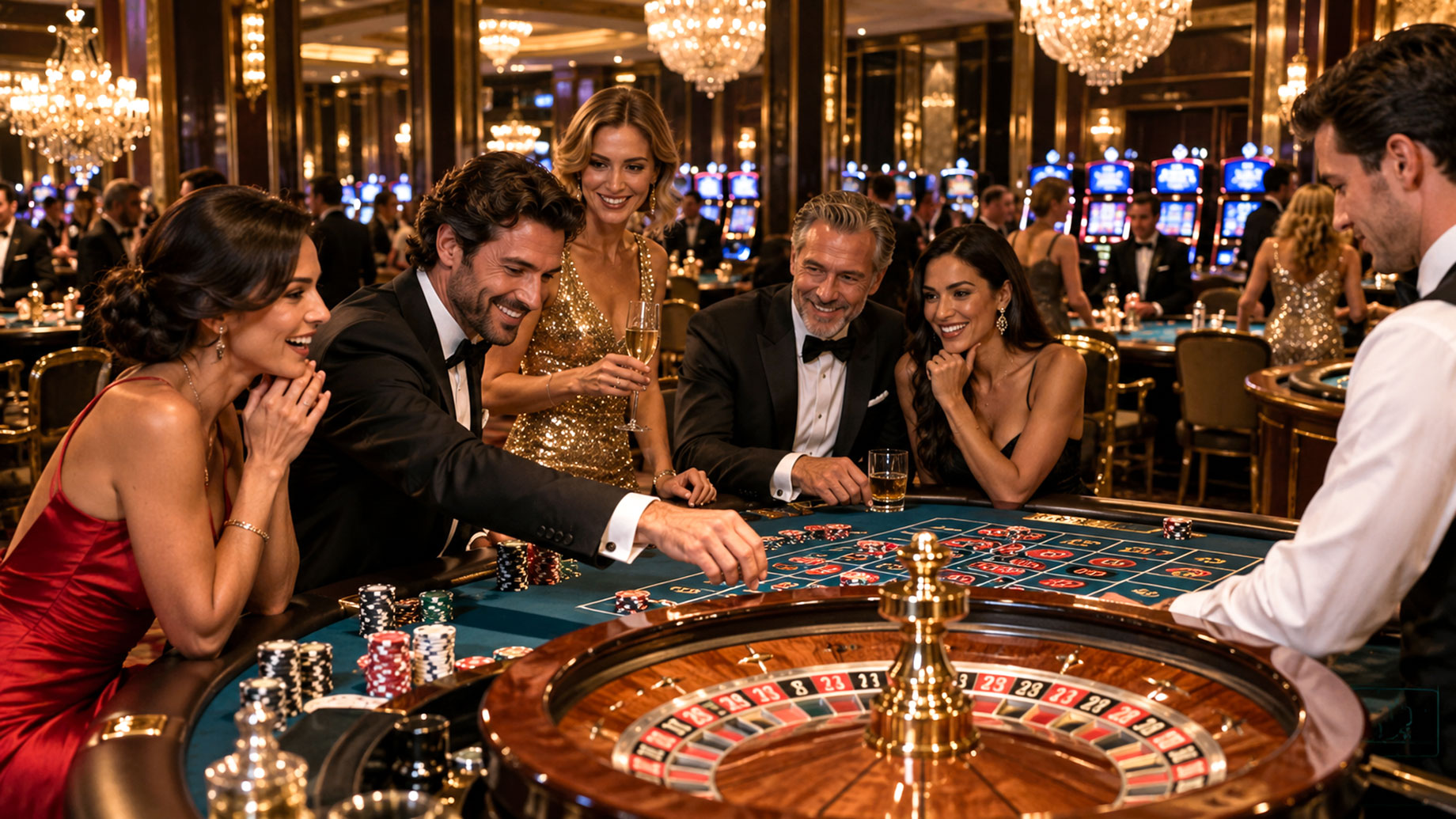 Elegantly dressed guests gathered around a roulette table beneath crystal chandeliers on a lively casino floor with slot machines behind them.