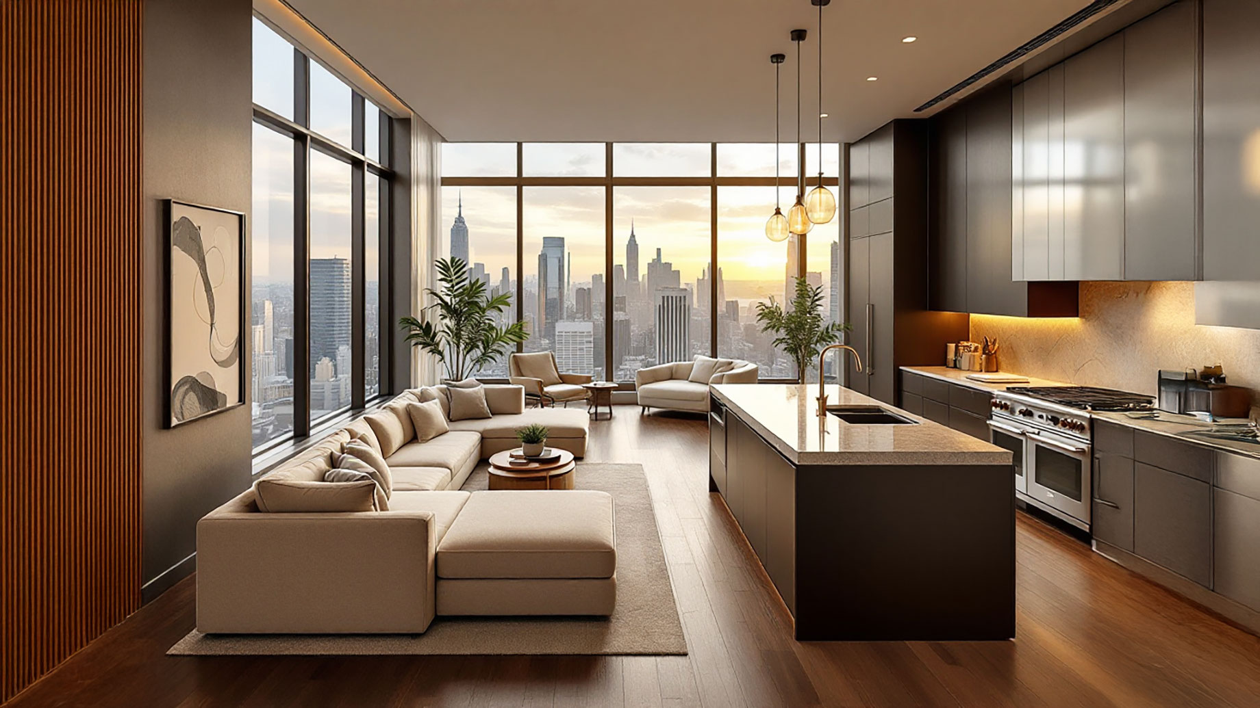 Luxury Urban Living: Modern Apartment with City Skyline Views and High-End Amenities