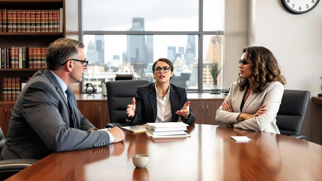 Two co-owners engaged in a mediation session with a neutral mediator in a professional office, discussing property disputes.