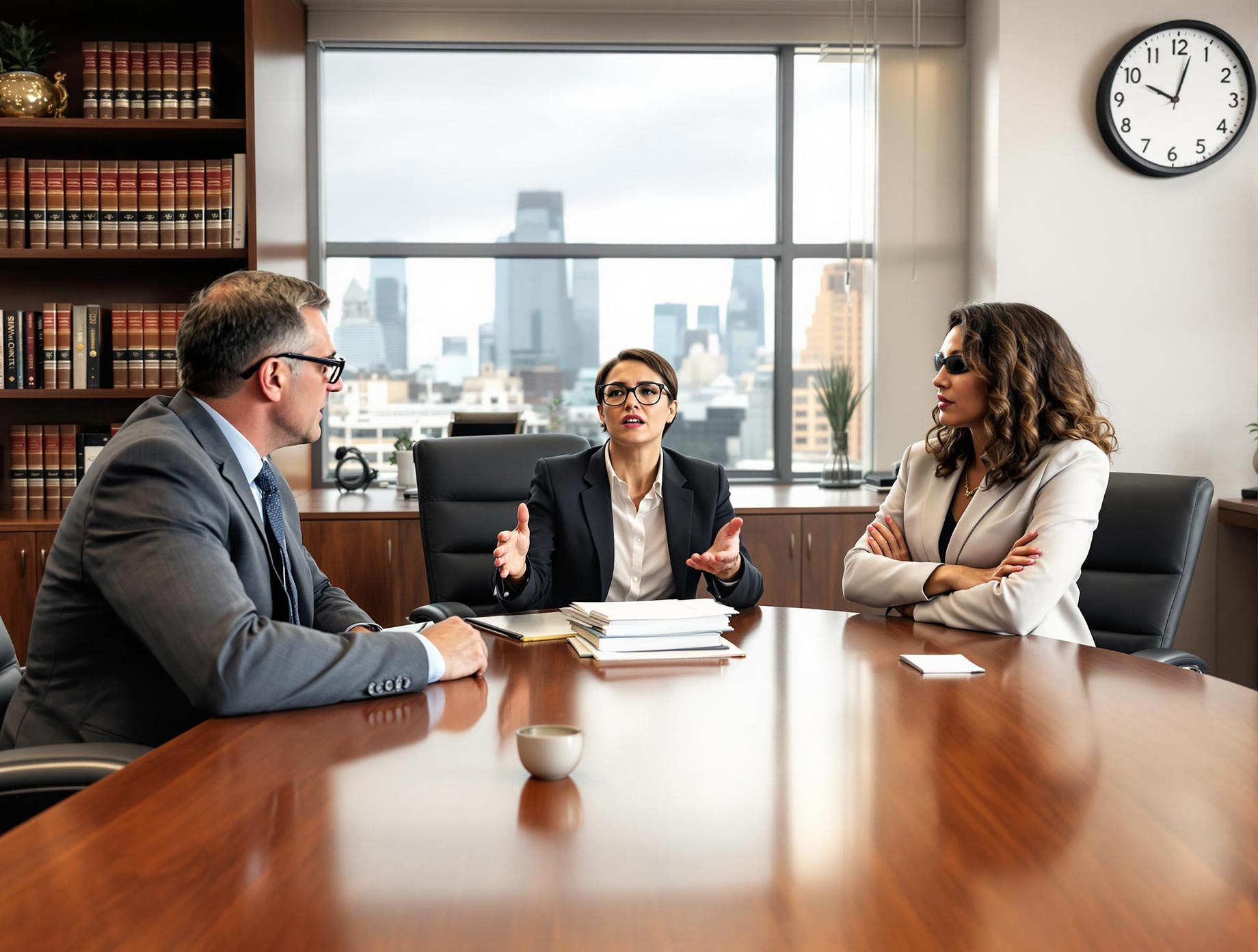 Two co-owners engaged in a mediation session with a neutral mediator in a professional office, discussing property disputes.
