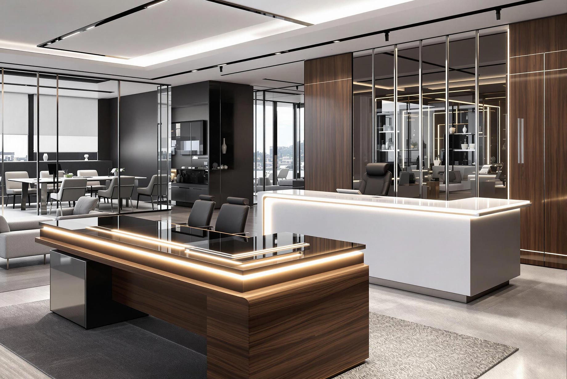 A modern office space featuring a variety of 2025 office furniture styles, including an executive desk with a rich walnut finish, a U-shaped reception desk with LED lights, bench desks with shared surfaces, ergonomic office chairs, office storage cabinets, and stylish reception area seating. The office has a sleek, professional look with a mix of dark wood, white gloss, and metal finishes. The setting is well-lit, emphasizing the functionality and aesthetic appeal of the furniture.