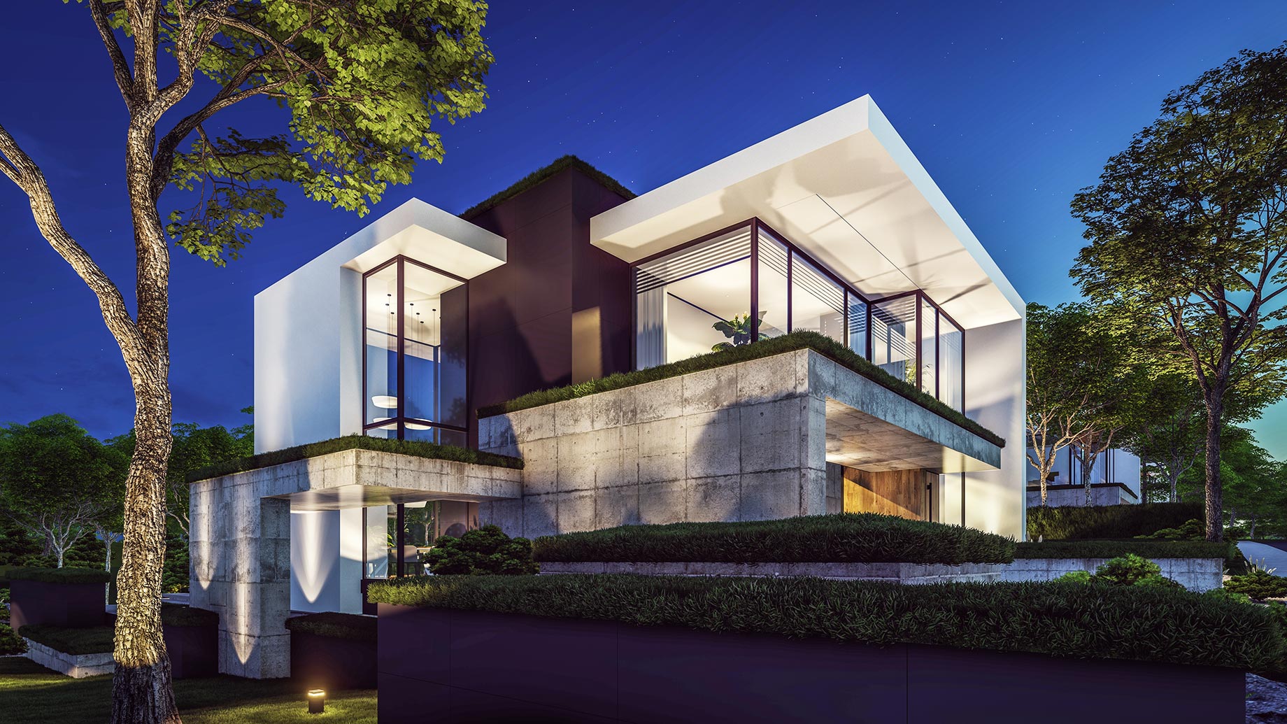Modern Contemporary House with Concrete Facade and Beautiful Landscaping