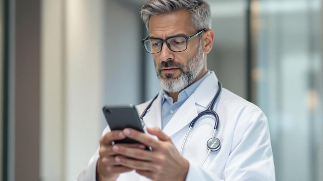 A doctor in a white coat and stethoscope holds a smartphone, focusing intently, conveying professionalism and modern healthcare technology.