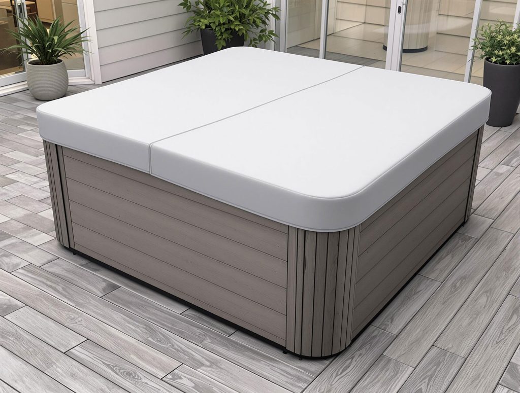 A hot tub with a snug-fitting, durable cover situated on a well-maintained deck, emphasizing a serene and inviting outdoor atmosphere