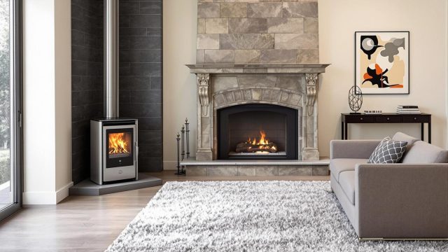 A modern living room featuring a sleek wood stove in the corner for efficient heating and a traditional fireplace as the centerpiece for a warm and inviting ambiance. The room is decorated with contemporary furniture and cozy elements, showcasing the blend of modern efficiency and classic charm.