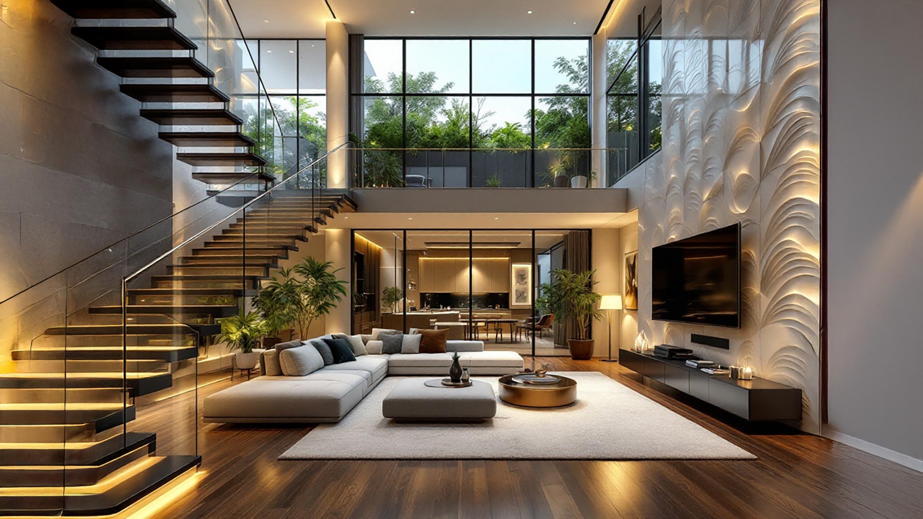 A visual illustration of a modern luxury home interior showcasing innovative design trends. The image includes elements such as sustainable materials, hidden storage spaces, smart glass windows, floating staircases, voice-controlled features, luxury home gyms, multifunctional rooms, LED mood lighting, 3D wall panels, and green indoor spaces. The illustration conveys elegance, comfort, and advanced technology, highlighting the latest trends in luxury home remodeling.