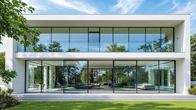 Modern Luxury Home with Floor-to-Ceiling Windows and Lush Garden