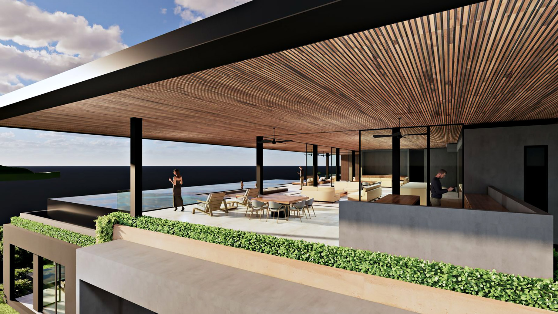 Architectural rendering of a luxury open-concept pavilion with wood slat ceilings, infinity-edge pool, ocean-view dining area, and seamless indoor-outdoor transition at The Hermosa Estate.