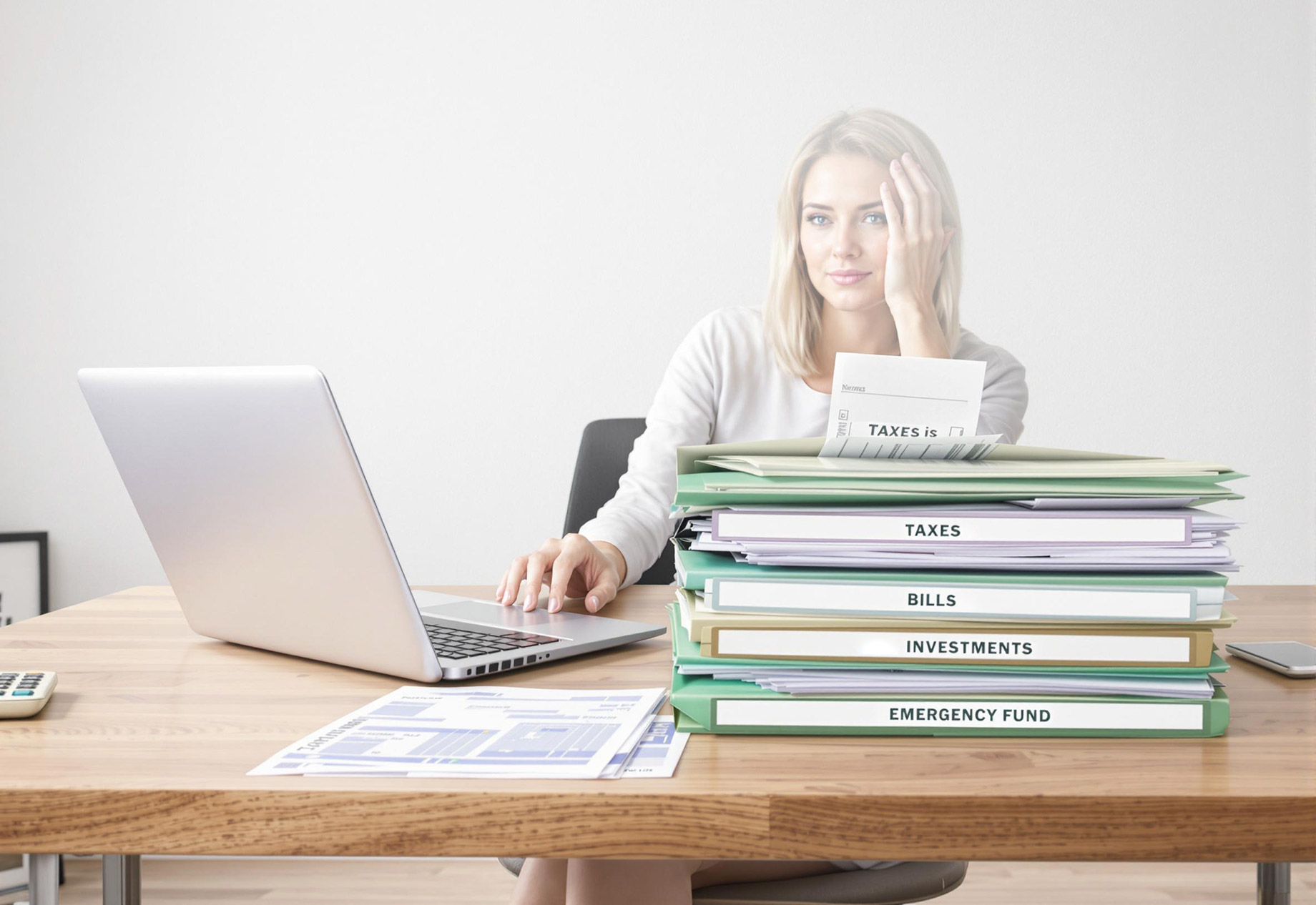 A person organizing financial documents into folders labeled with different categories such as 'Taxes,' 'Bills,' 'Investments,' and 'Emergency Fund,' with a desk setup including a laptop, calculator, and financial statements.