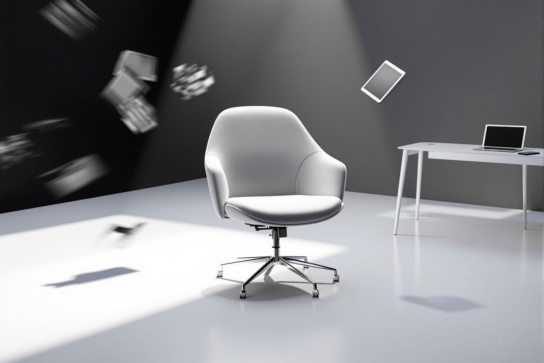 An illustration of a 3D animated product in a professional studio setting, highlighting realistic textures and lighting, with abstract elements representing common mistakes in 3D animation.