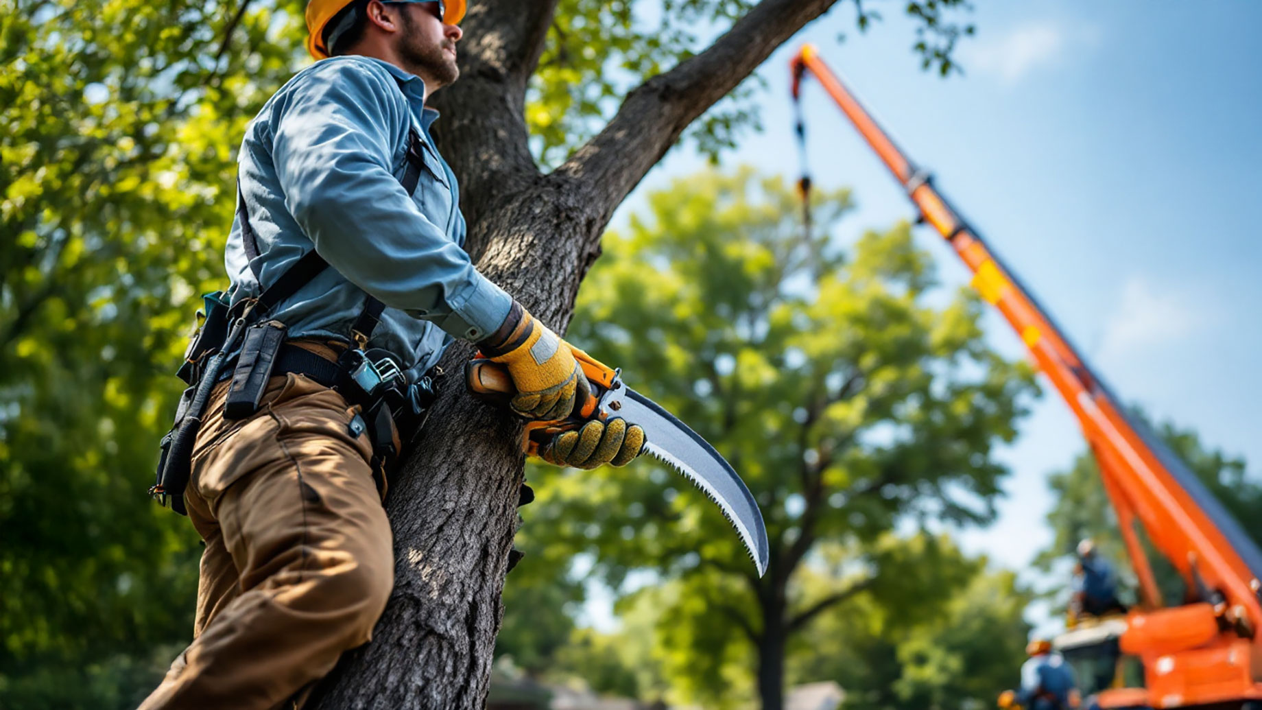 A professional arborist pruning a large tree with proper tools, while another arborist is safely removing a dead tree using a crane. The scene conveys expert tree care and maintenance.