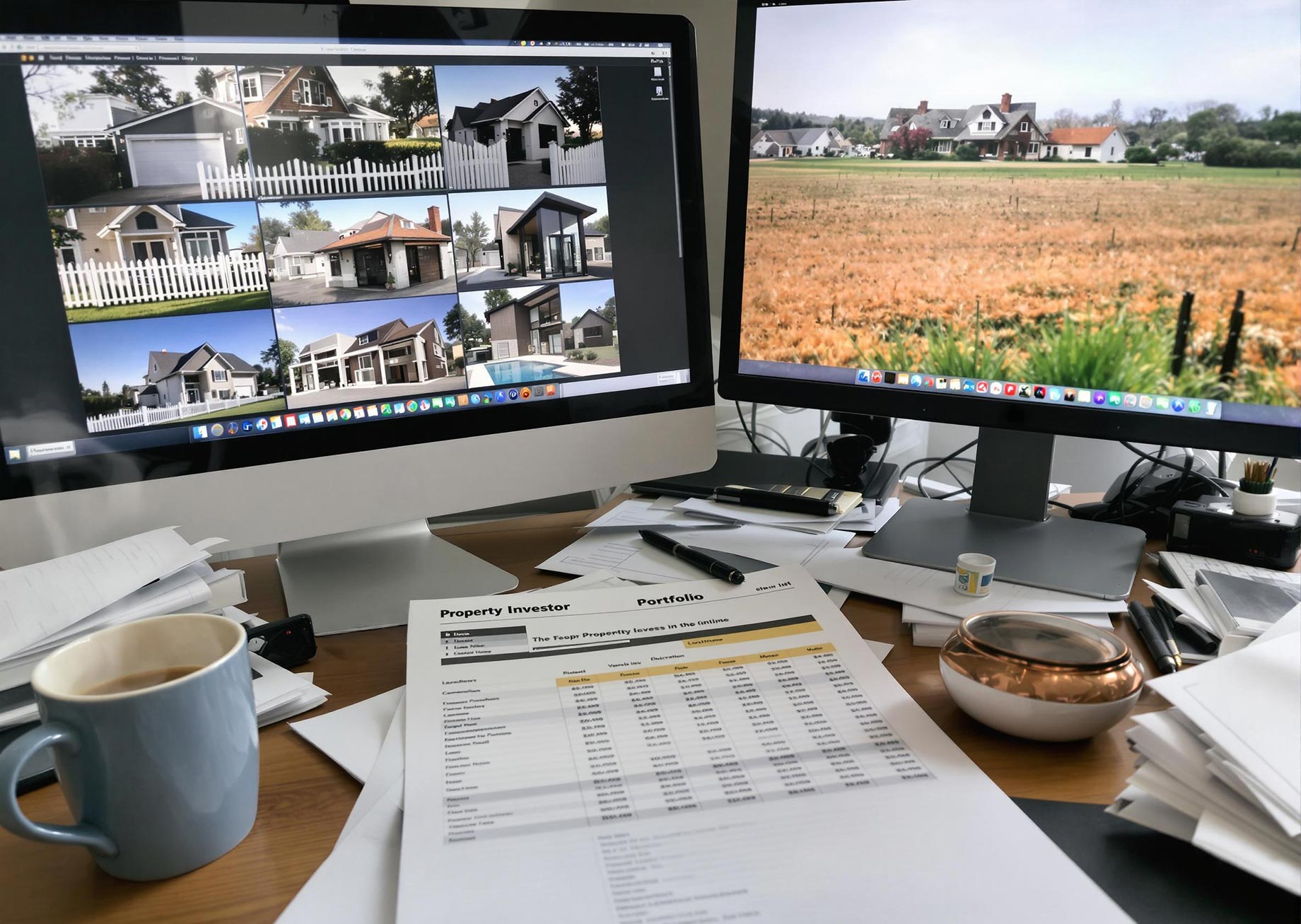 A person sitting at a desk, looking at a computer screen displaying a collection of various properties they own, including residential houses, commercial buildings, and land. The person appears content and proud, surrounded by documents and a coffee cup, indicating a successful property portfolio.