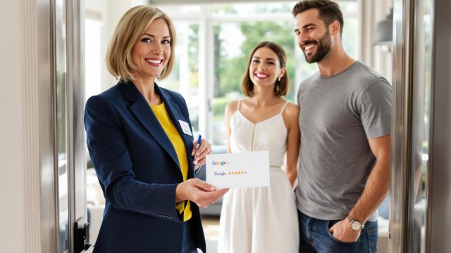 A real estate agent handing a Google review card to a client after a successful property showing.