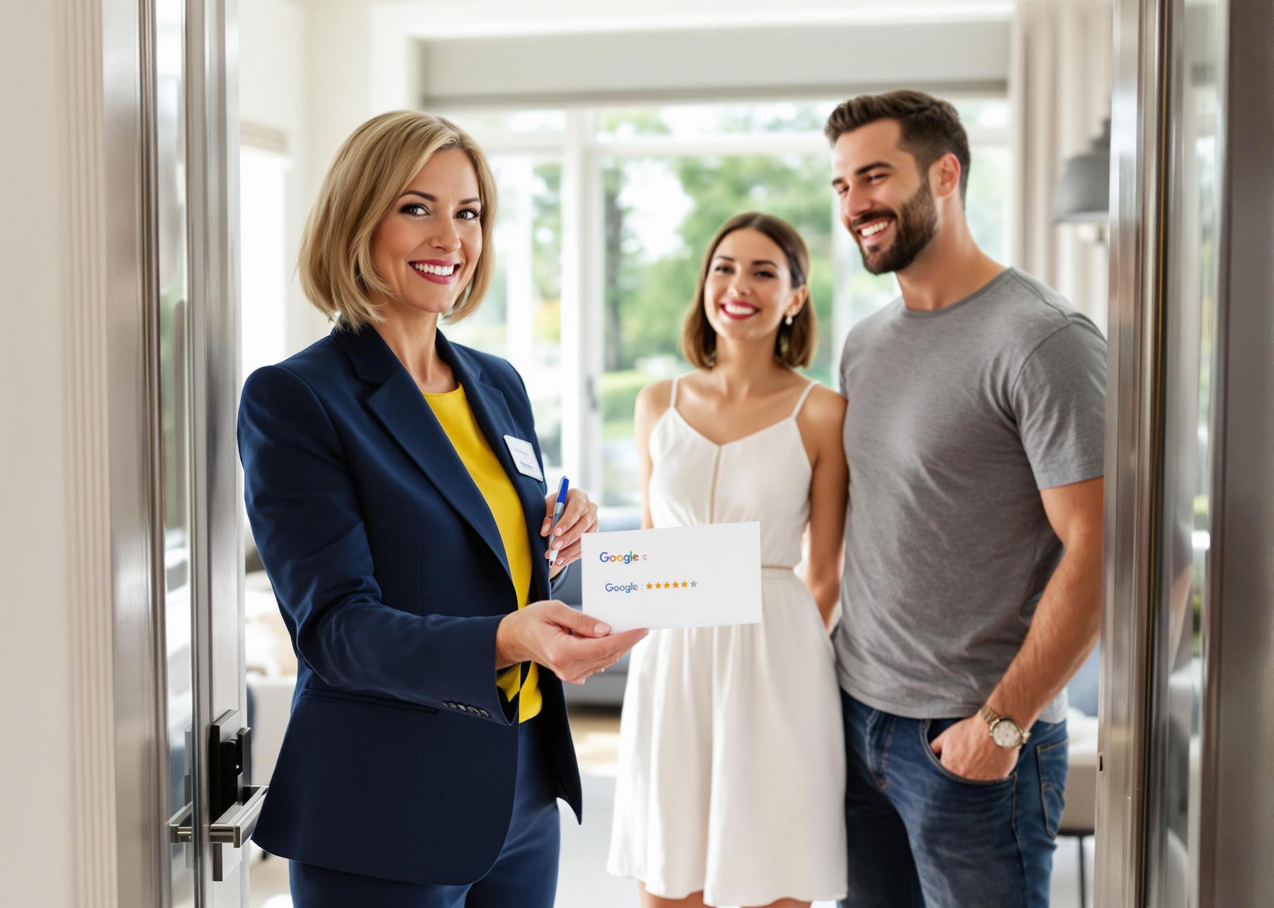 A real estate agent handing a Google review card to a client after a successful property showing.