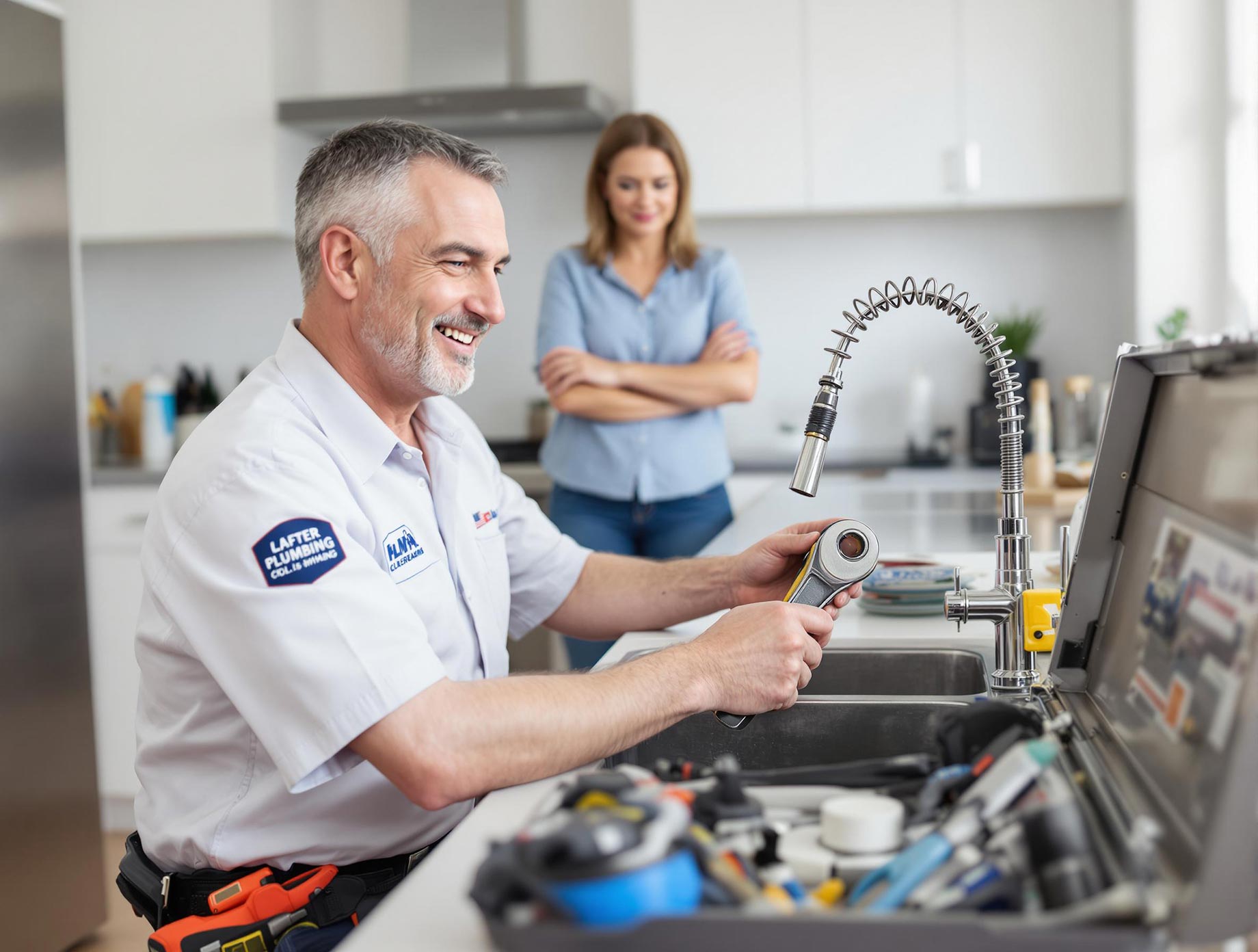 A professional plumber using a wrench on a sink faucet, explaining the issue to a homeowner in a friendly manner, with a toolbox and modern plumbing tools in a clean and organized kitchen workspace.