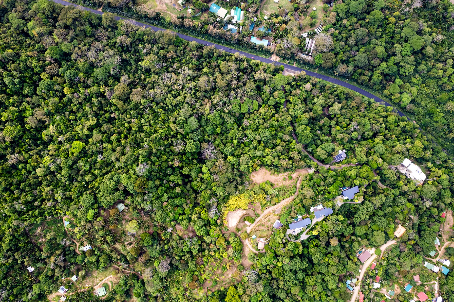 Overhead drone image of a 10-acre property in Uvita showing internal roads, cleared building sites, and dense tropical forest adjacent to the paved Coastal Highway.