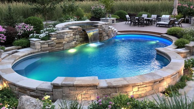 A custom in-ground pool in a Maryland backyard featuring a natural stone waterfall, ambient LED lighting, and surrounded by a wooden deck with outdoor furniture and a grill, set amidst lush greenery and flowering plants.