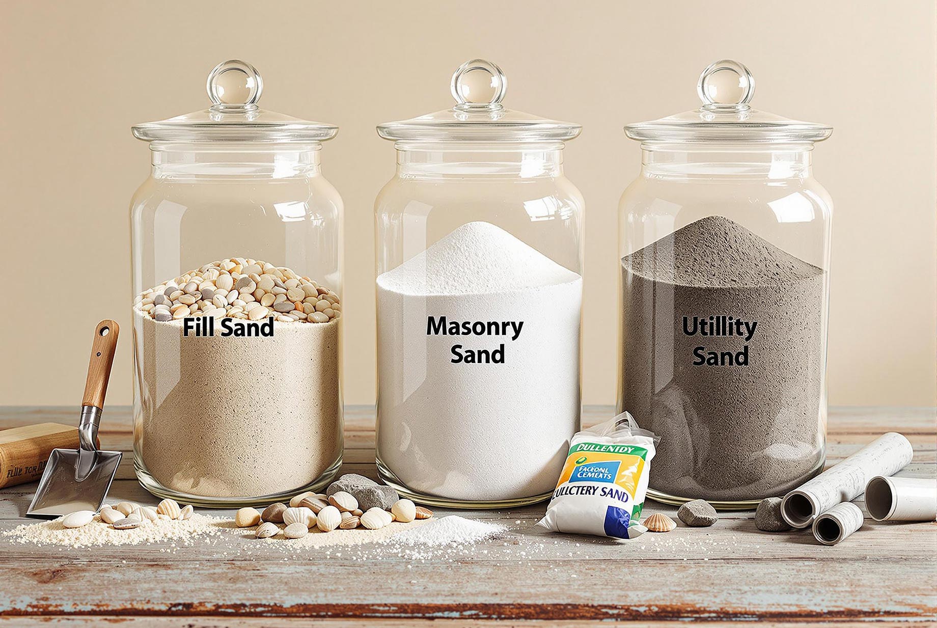 Different types of landscape sand, including fill sand, masonry sand, and utility sand, each in labeled glass containers. The sands are visually distinct, highlighting their unique textures and uses in landscaping and construction projects.