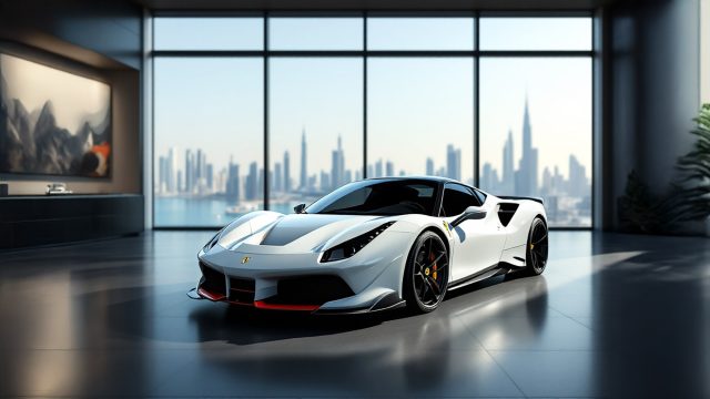 A well-maintained used Ferrari on display in a luxury car dealership in Dubai, showcasing its sleek design and pristine condition, with elements highlighting factors affecting its price such as model year, mileage, and overall condition.