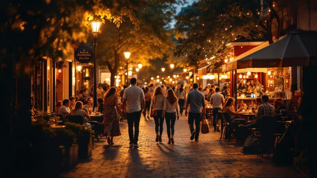An evening scene in a walkable neighborhood with people strolling, dining at outdoor restaurant tables, and enjoying live music at a café, illuminated by streetlights.