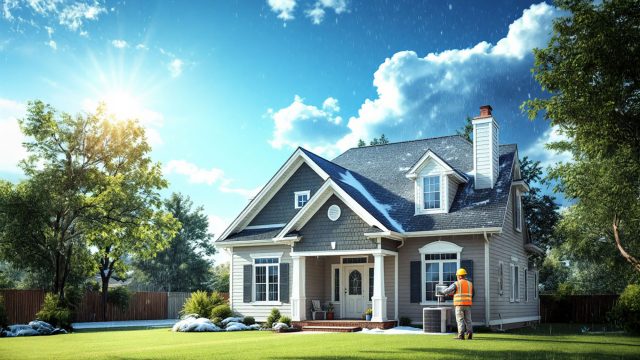 A well-maintained home withstanding various weather conditions including sun, rain, and snow. A professional in safety gear inspects the HVAC system, highlighting the home's preparedness and safety.
