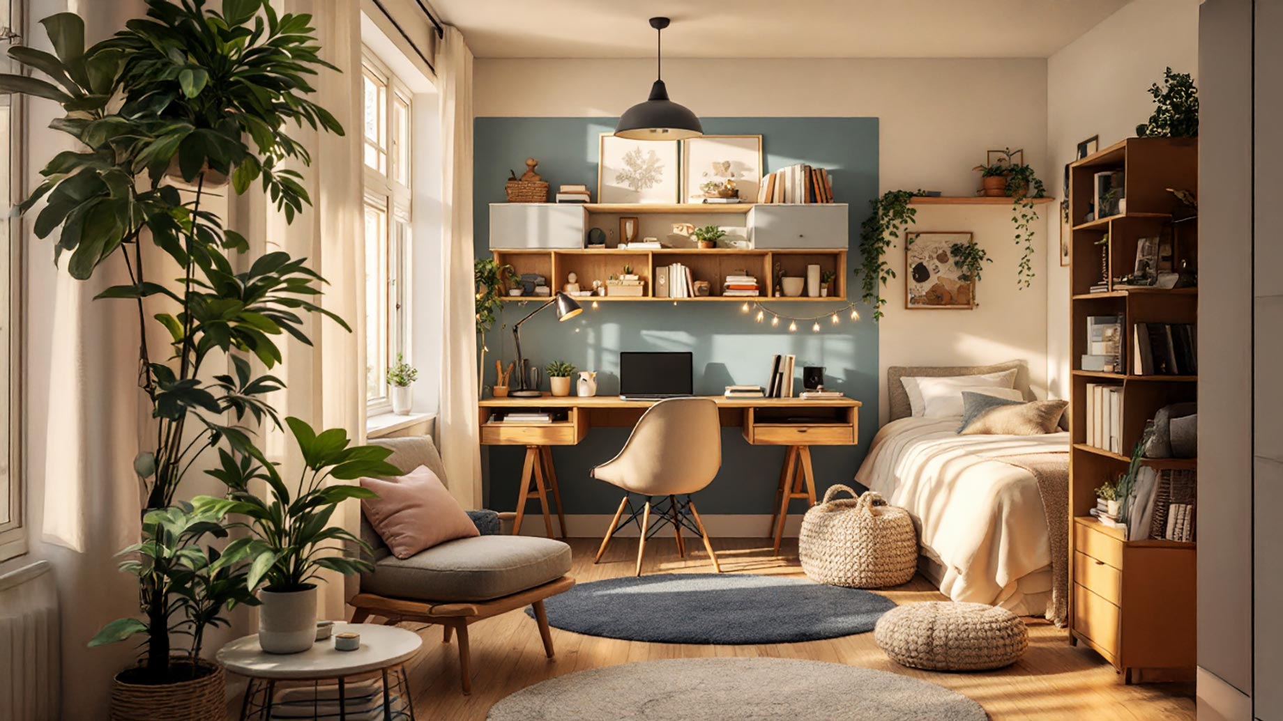 A well-organized dorm room with natural lighting, featuring a study area with blue accents, a cozy bed with green plants, and a designated relaxation zone. The room includes personal touches like photos and motivational art, with distinct zones for studying and relaxing.