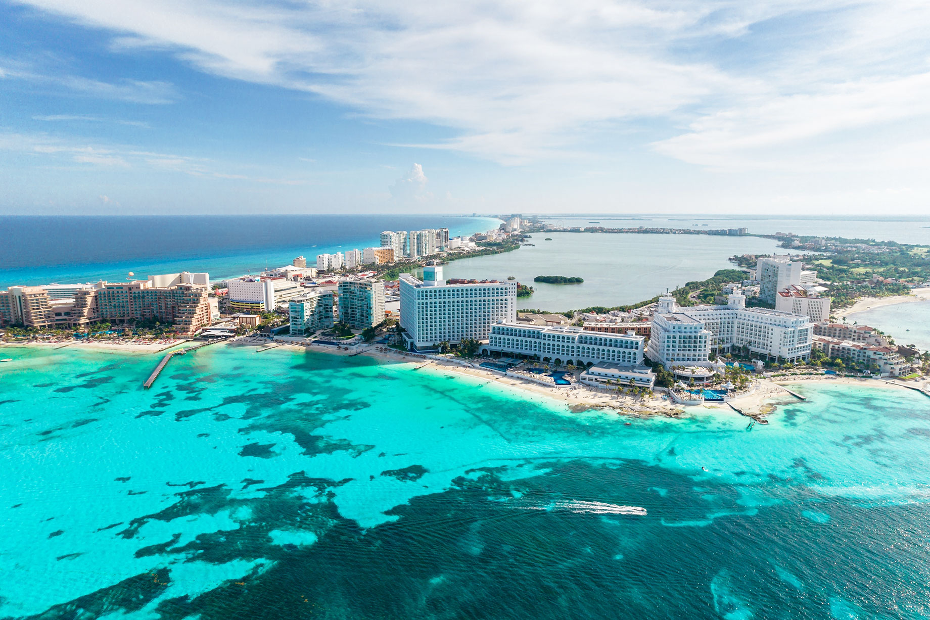 Aerial Panoramic View of Cancún Beach and City Hotel Zone in Mexico