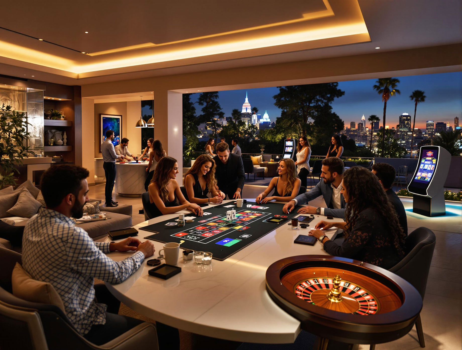A group of friends enjoying a luxurious evening in a stylish setting. Some are playing poker at a sleek table indoors, while others are trying their luck at a roulette wheel and digital slots on a large screen in a glamorous outdoor patio with a city skyline view. The atmosphere is lively yet sophisticated, with soft lighting and chic decor, capturing the essence of blending style with smart fun.