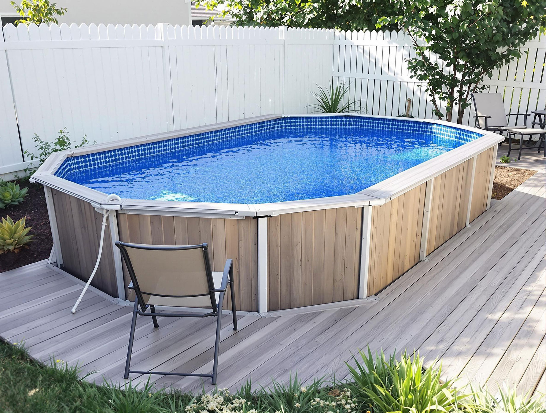 A budget-friendly backyard featuring a simple yet stylish pool kit, surrounded by a modest deck area with basic lounge chairs and a small dining set, set against a backdrop of low-maintenance landscaping and a simple fence.