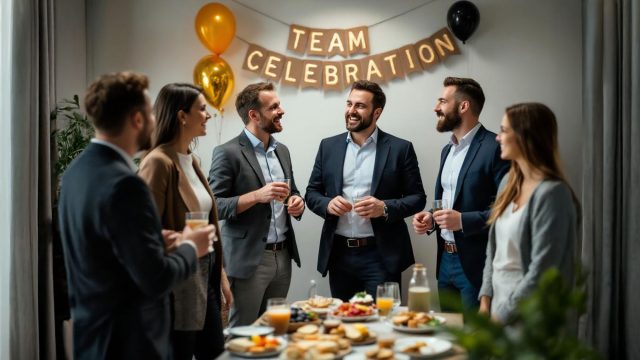 A small group of managers and staff enjoying a casual office party in an indoor space. Attendees are dressed in smart casual attire, engaging in light conversations around a table with simple food options and non-alcoholic beverages. The atmosphere is relaxed and professional, with minimal decorations and a focus on inclusive interactions.