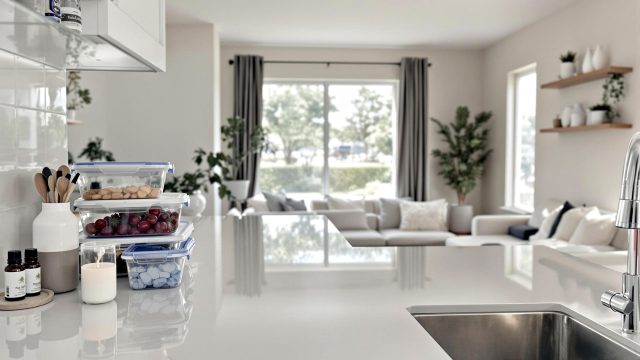 A tidy kitchen and living area with sealed food containers, clean countertops, and natural pest control elements, illustrating a clean and pest-free environment.