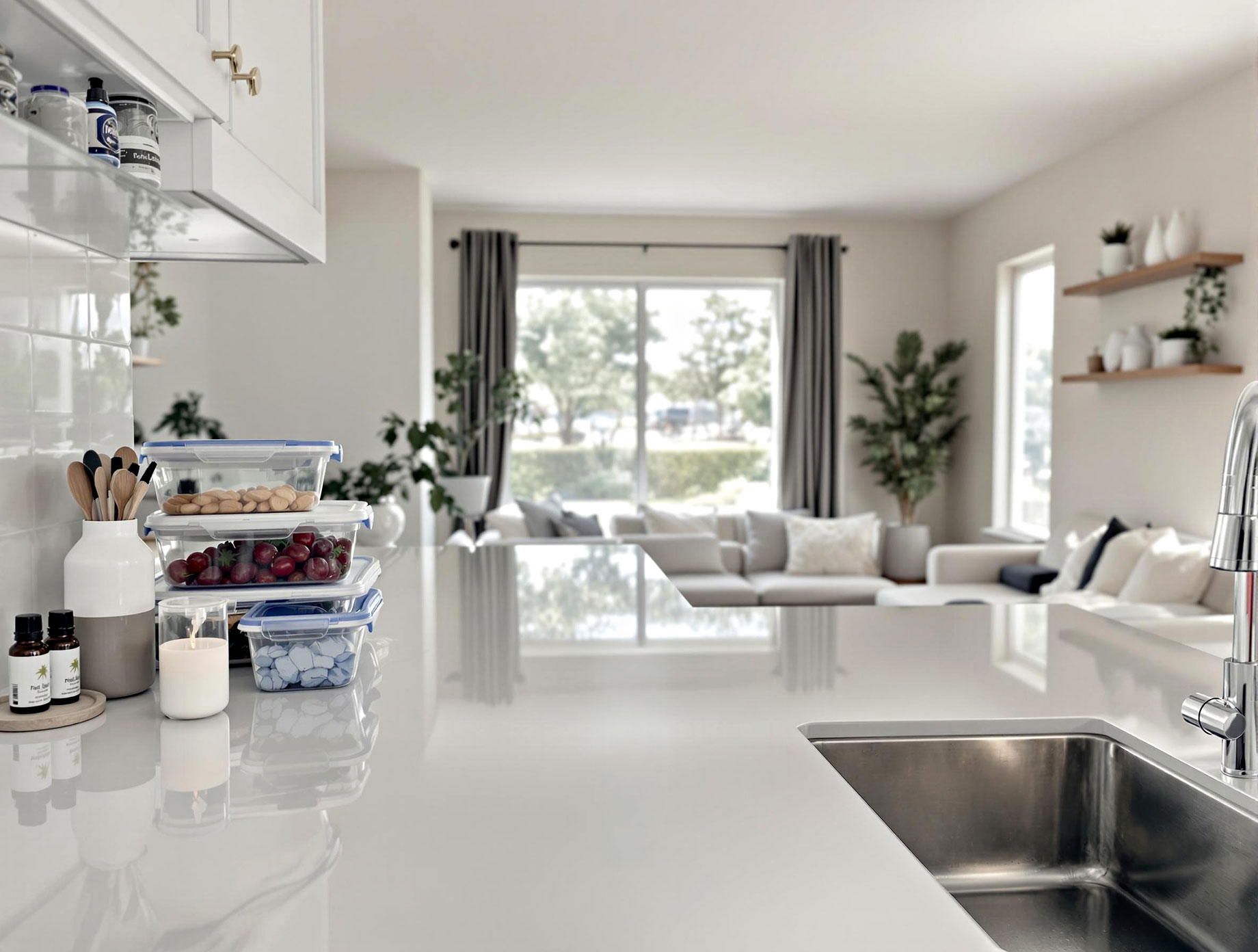 A tidy kitchen and living area with sealed food containers, clean countertops, and natural pest control elements, illustrating a clean and pest-free environment.