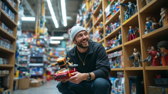 A collector in a toy store, surrounded by shelves filled with various action figures, examines a rare action figure with excitement.