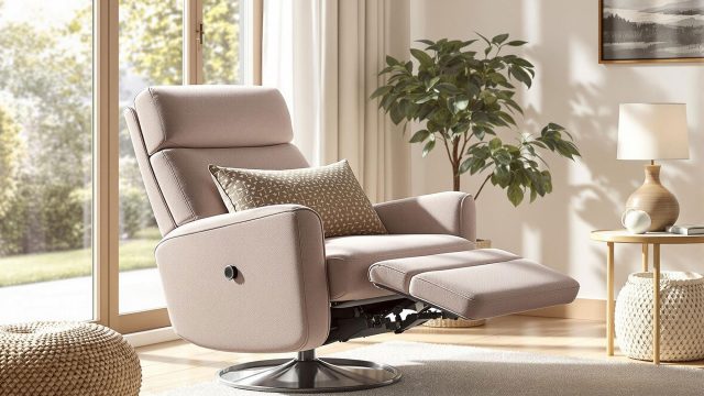 A cozy living room featuring a stylish, modern reclining chair near a window, with natural light creating a warm and inviting atmosphere, complemented by a soft rug, a side table with a lamp, and decorative pillows.