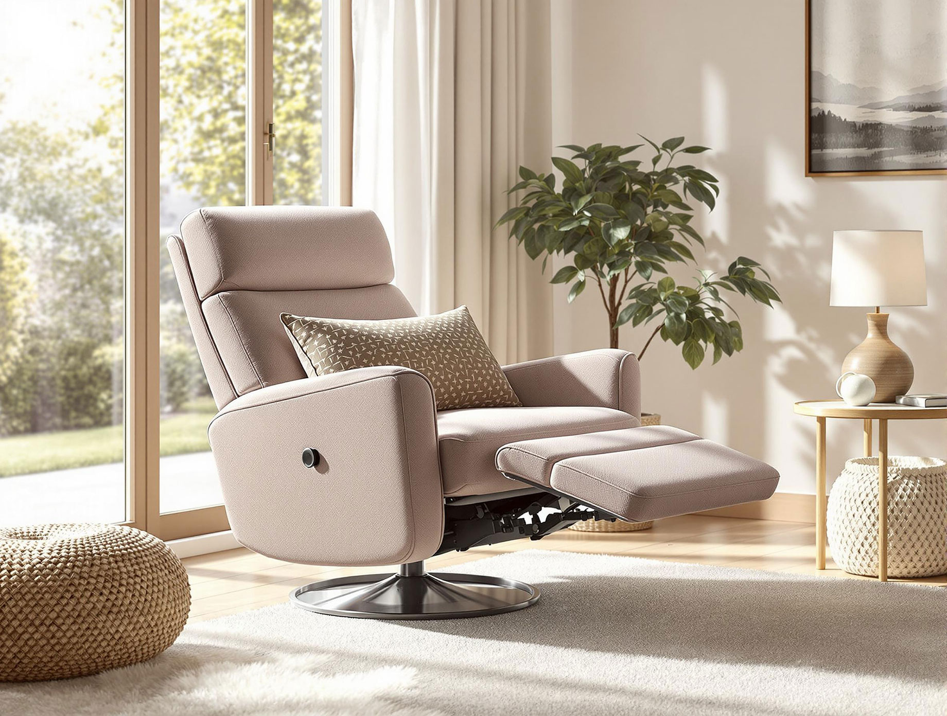A cozy living room featuring a stylish, modern reclining chair near a window, with natural light creating a warm and inviting atmosphere, complemented by a soft rug, a side table with a lamp, and decorative pillows.