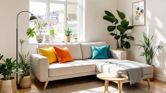 A cozy small apartment living room featuring a modern sofa bed in a neutral color scheme, adorned with vibrant decorative pillows. The room is well-lit with natural light from a large window and includes indoor plants, minimalist artwork, and a stylish floor lamp, emphasizing comfort and functionality in a compact living area.