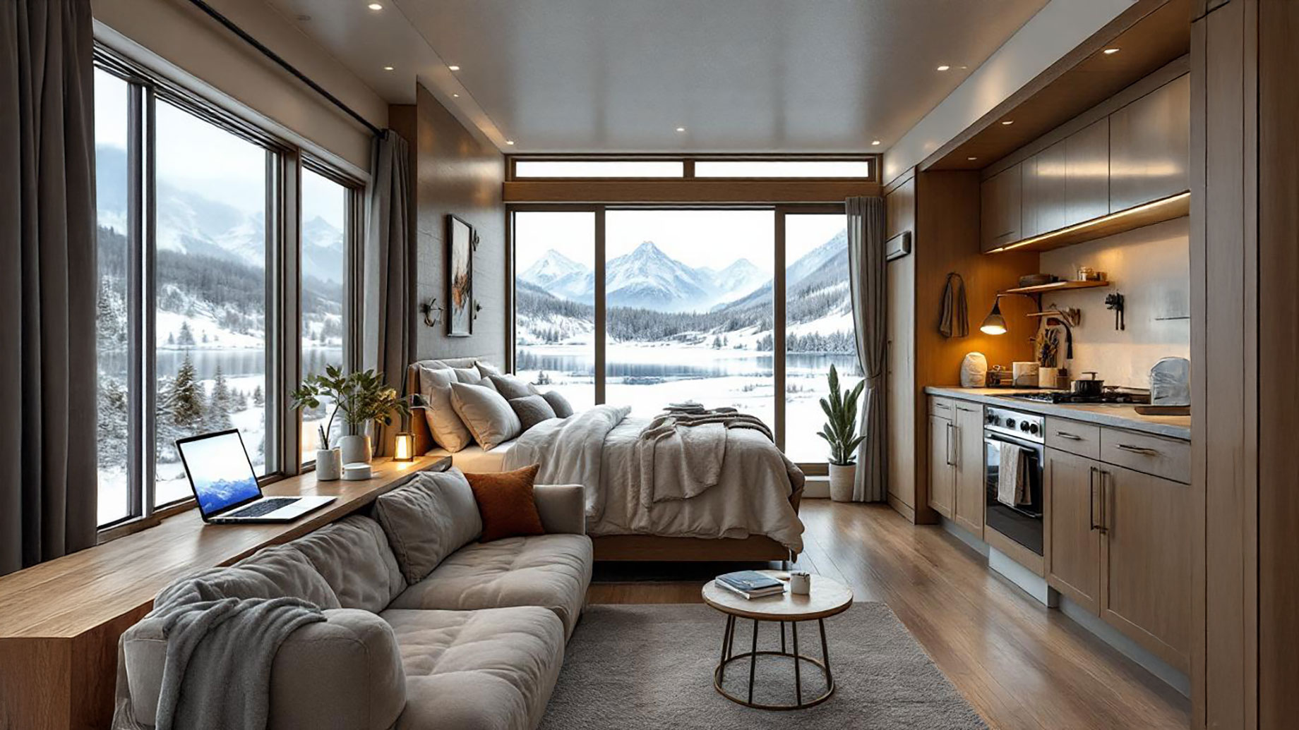 A cozy and well-furnished apartment in Alaska designed for a travel nurse, featuring comfortable bedding, climate control, and a functional kitchen, with large windows offering views of snow-covered landscapes and mountains.