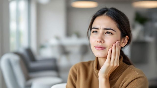 A person sitting in a dental clinic waiting room, gently holding their cheek due to a toothache.