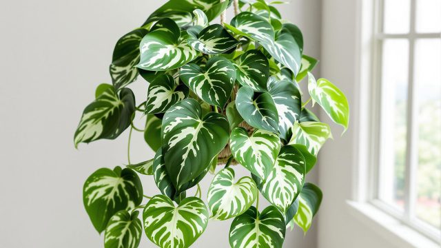 An Albo Pothos plant with variegated green-and-white marbled leaves hanging in a macramé hanger by a sunlit window, adding elegance to the indoor space.